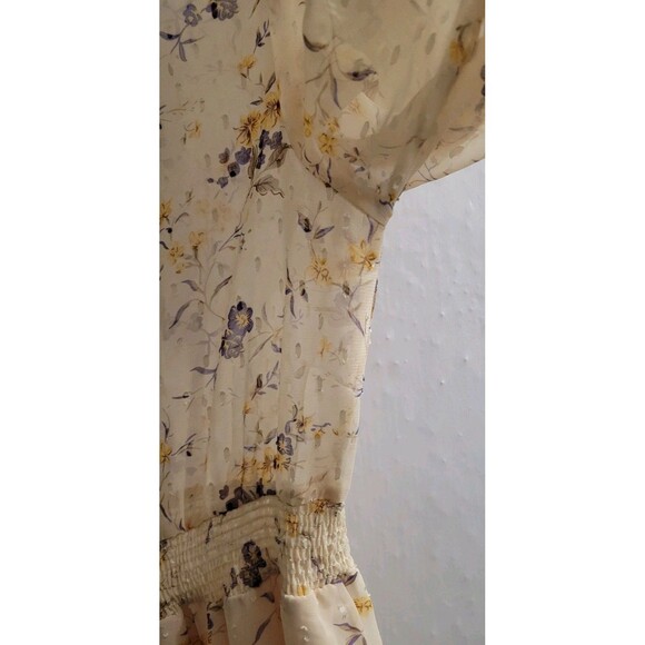 THE SHIRT ROCHELLE BEHRENS XS Sheer Beige Blue Floral Ruffle Trim Mini Dress - Picture 8 of 11